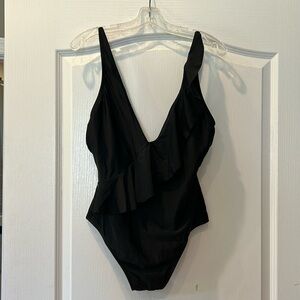 Black one piece swimsuit with ruffle detail